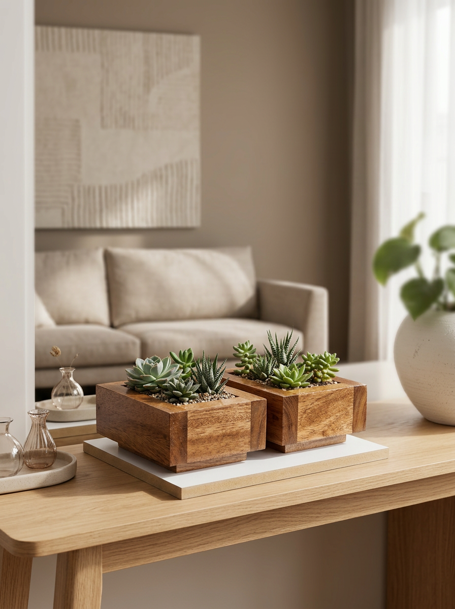 The Botanical Duo wooden planter styled in a contemporary Nairobi interior
